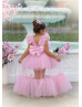 Blush Pink Butterflies Ruffled Tulle Long Flower Girl Dress